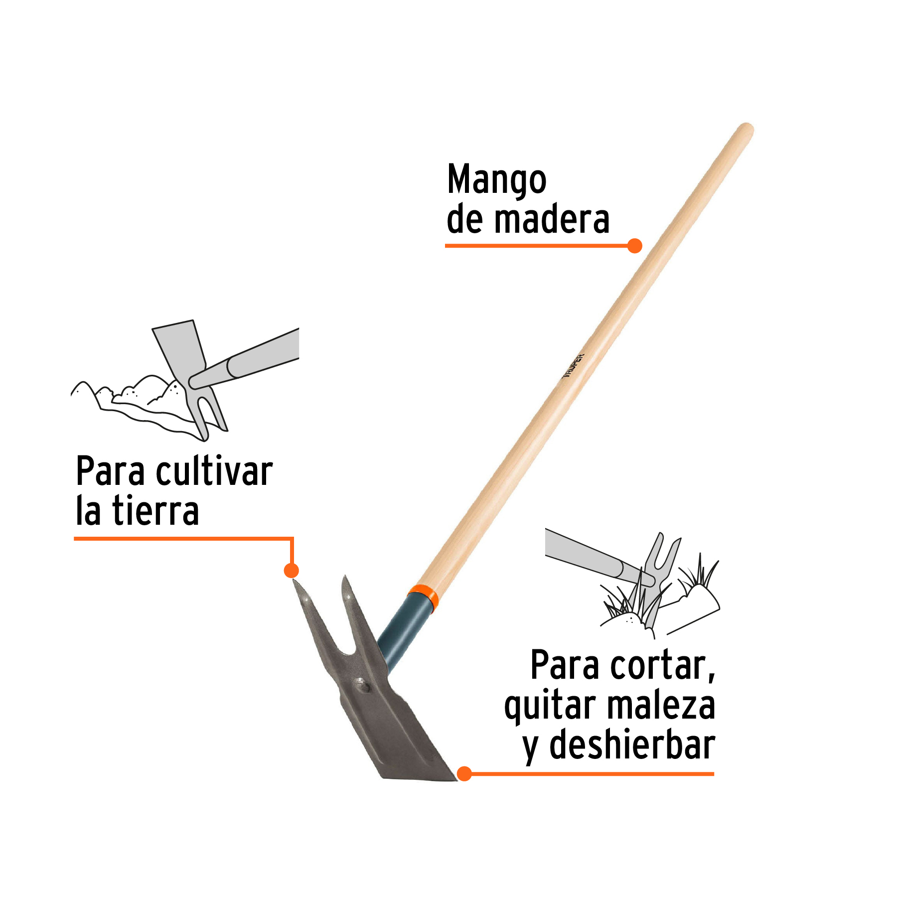 Azadón dos cuernos, mango de madera 54", TRUPER TRUPER