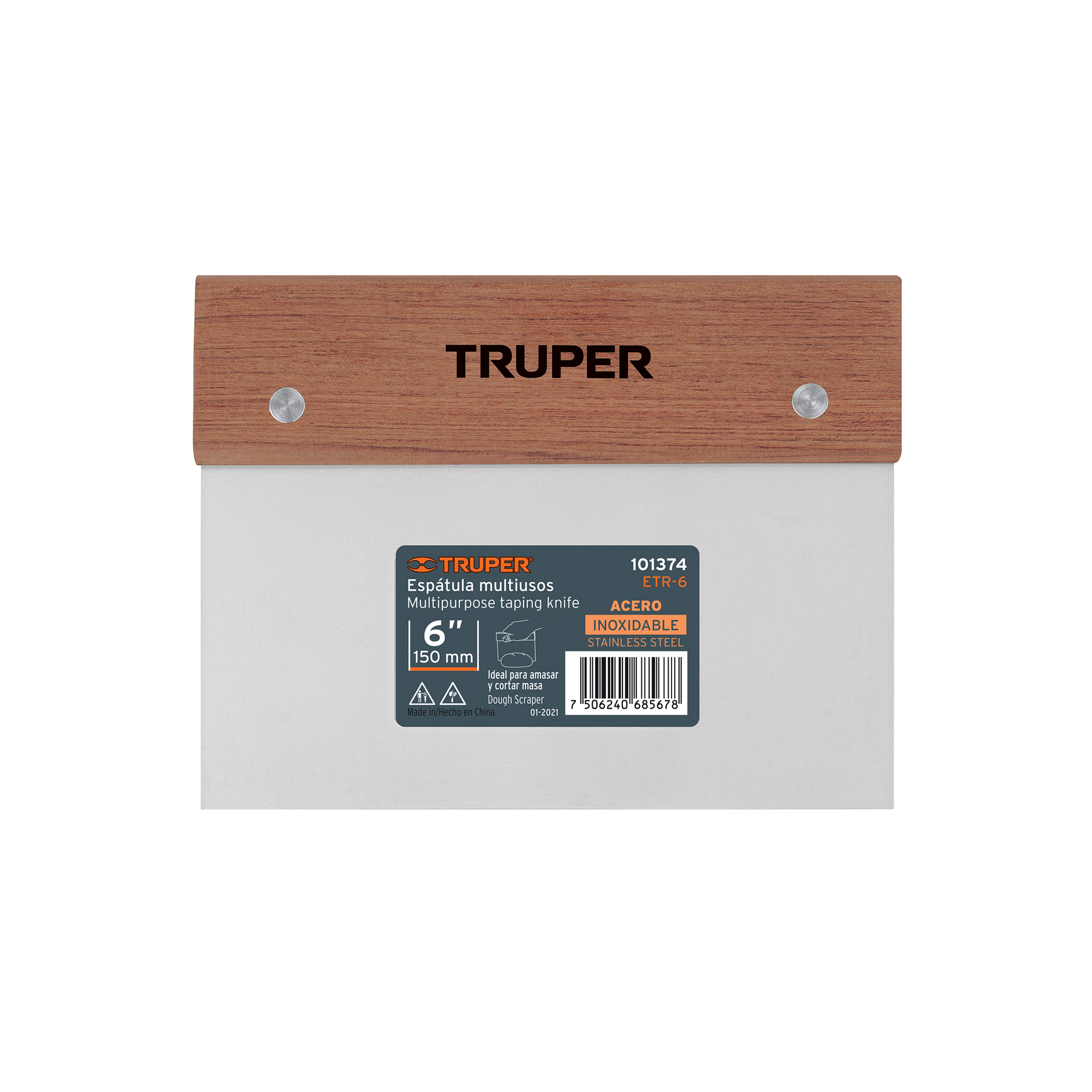 Espátula rectangular 6 x 3" acero inoxidable, mango madera TRUPER