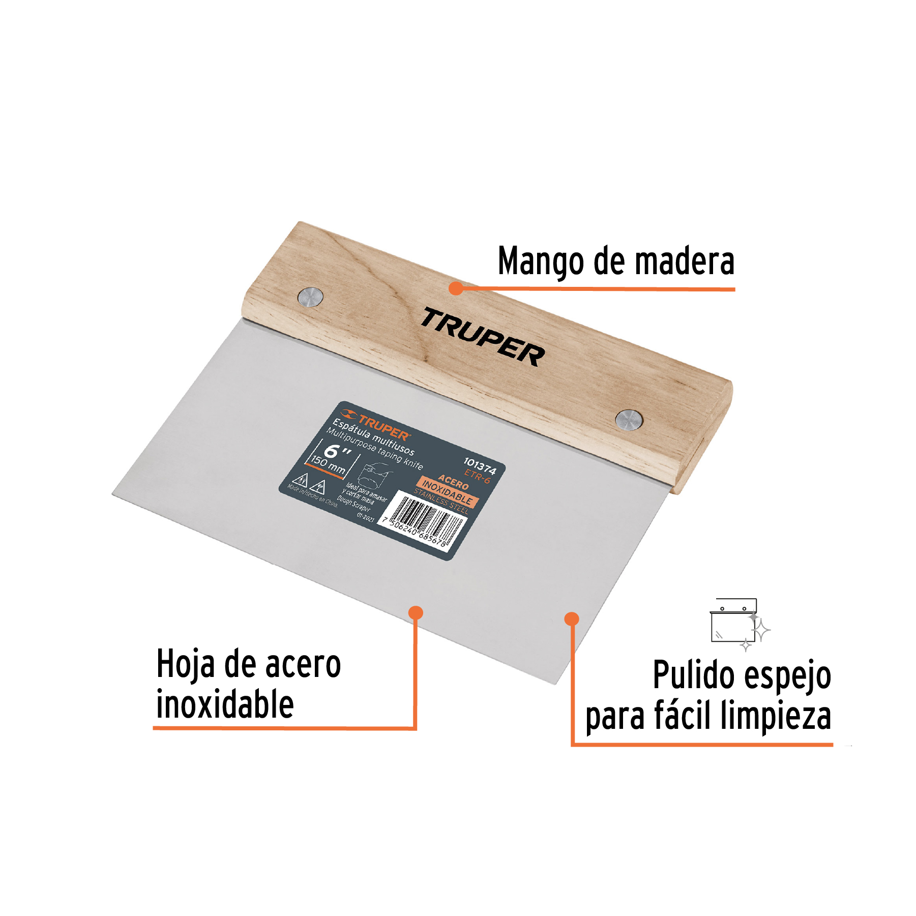 Espátula rectangular 6 x 3" acero inoxidable, mango madera TRUPER
