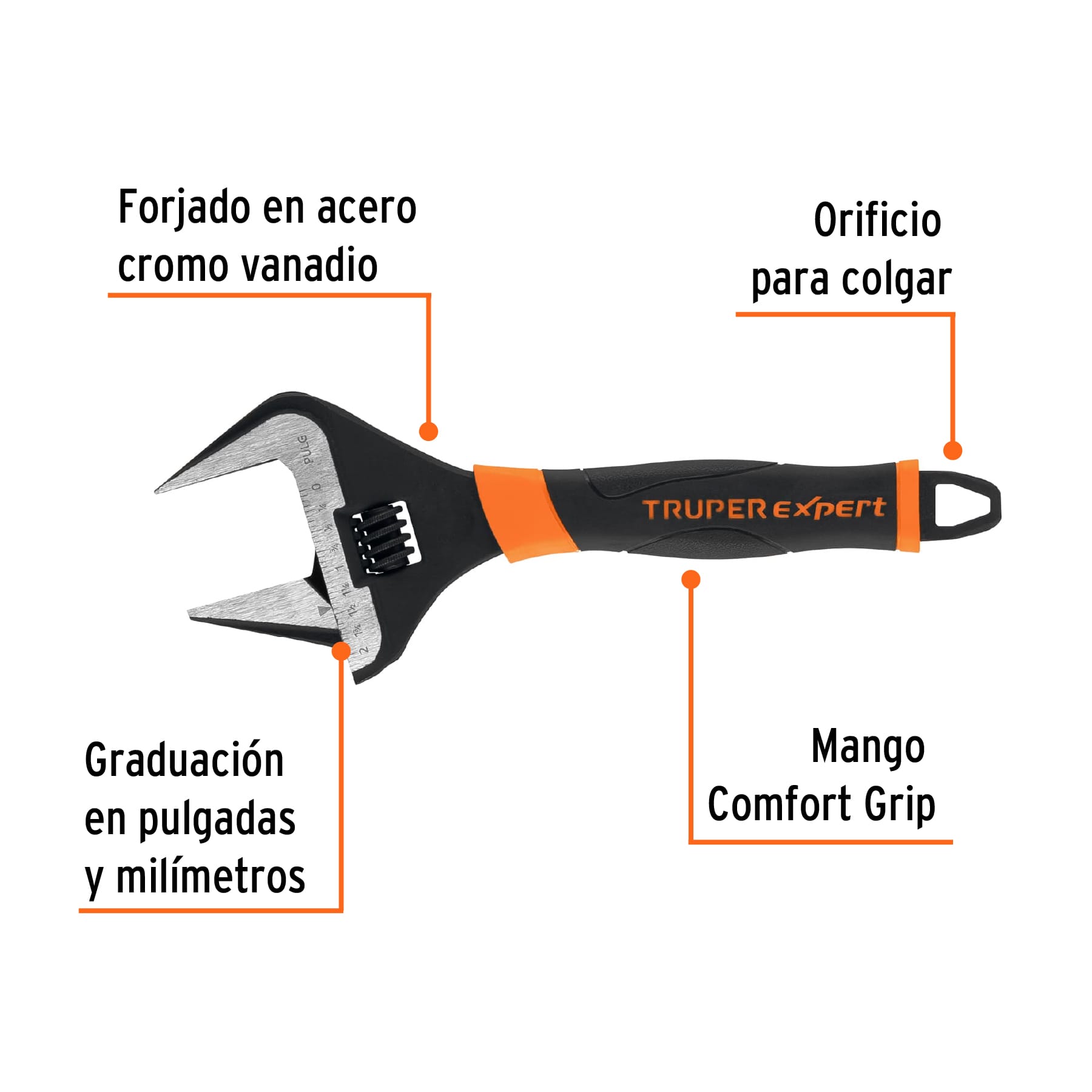 Llave ajustable (perico) 10" boca ancha Comfort Grip, EXPERT TRUPER
