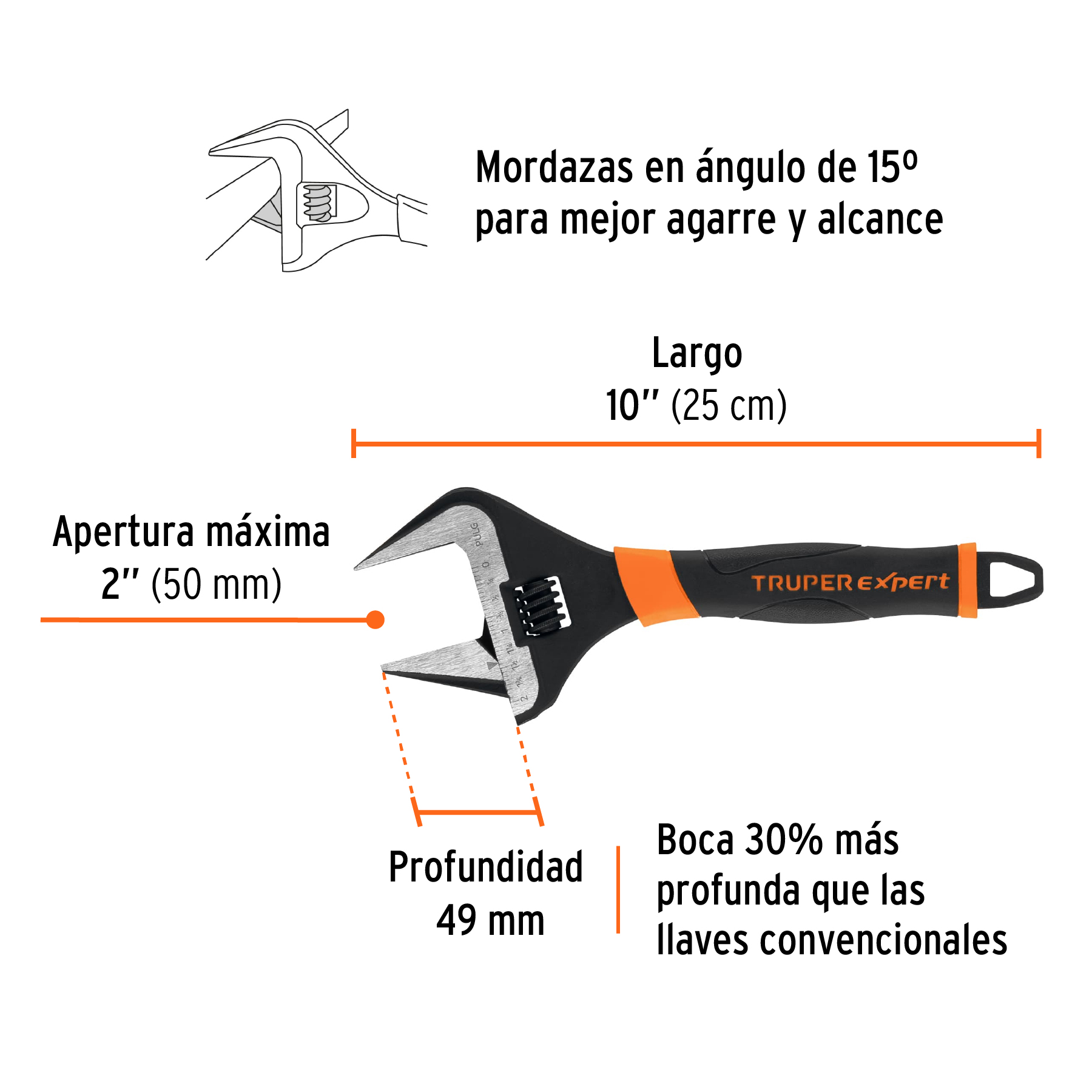 Llave ajustable (perico) 10" boca ancha Comfort Grip, EXPERT TRUPER