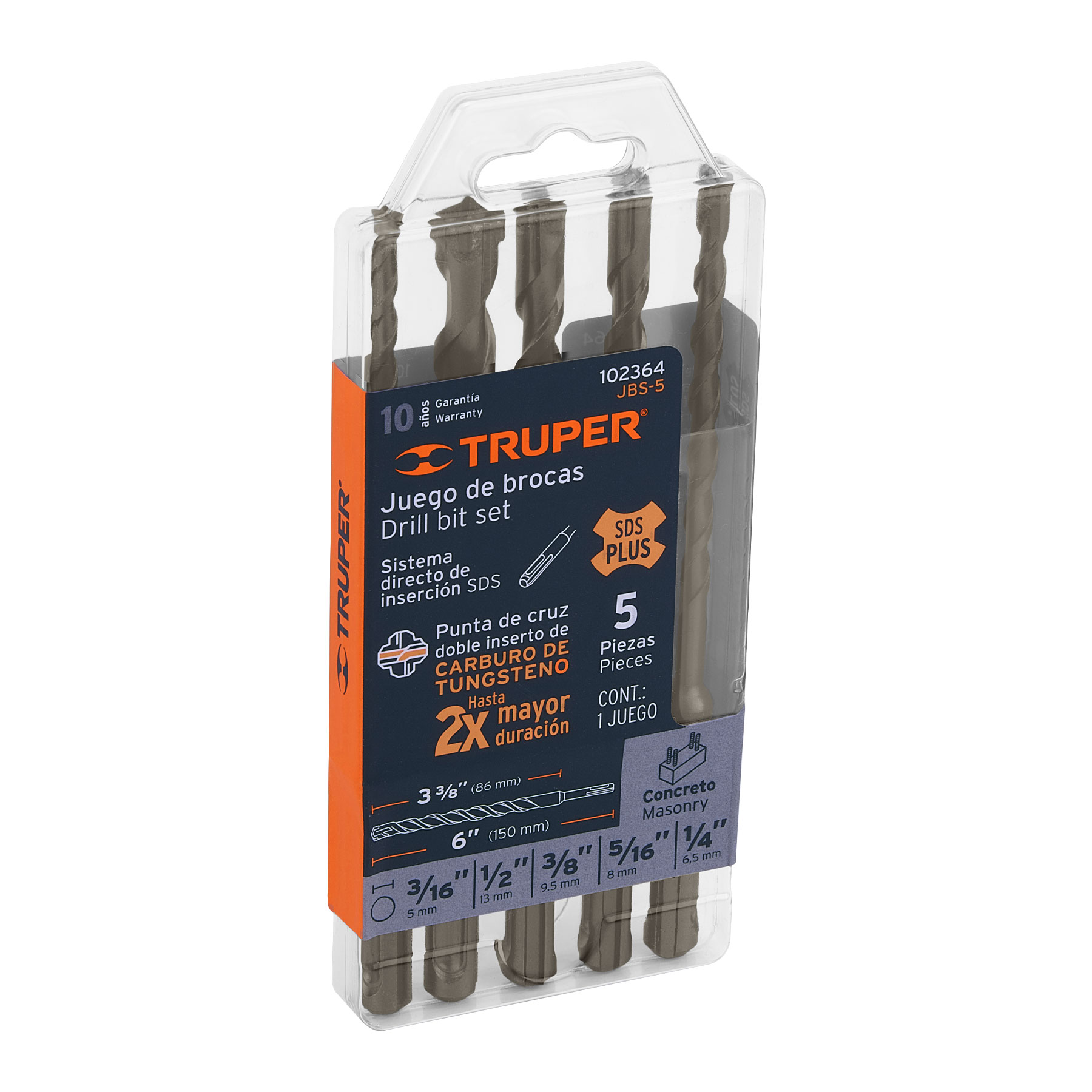 Juego de 5 brocas para concreto SDS Plus, TRUPER TRUPER