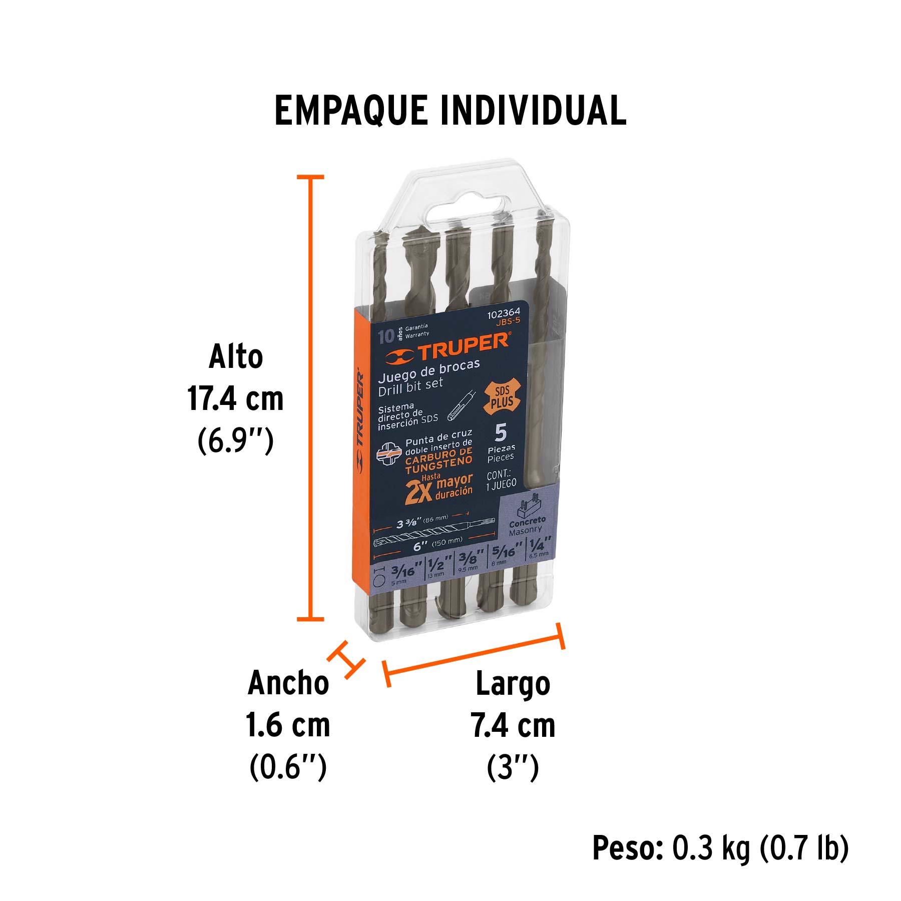 Juego de 5 brocas para concreto SDS Plus, TRUPER TRUPER