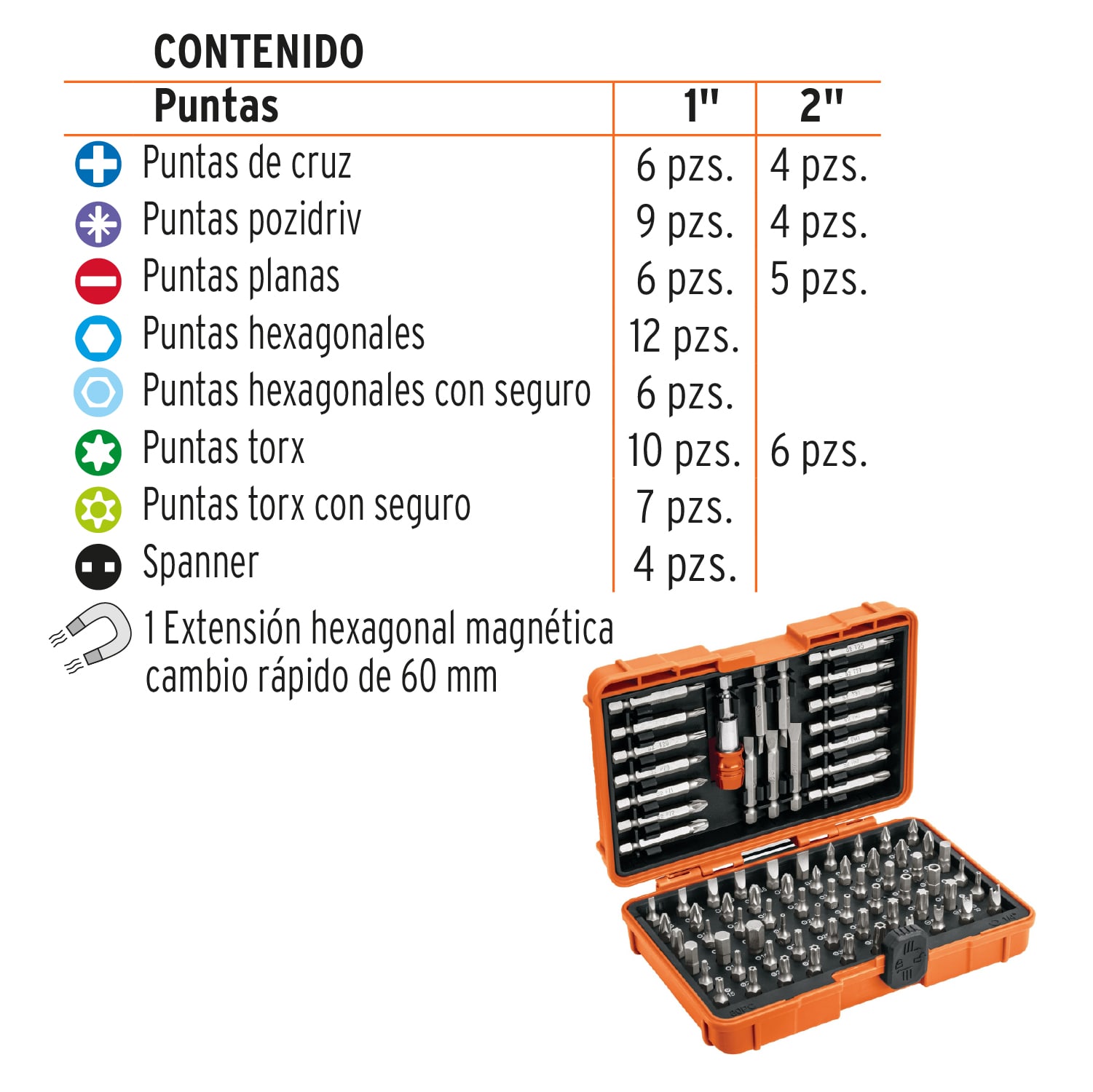 Juego de puntas mixtas 1" y 2", 80 piezas, TRUPER EXPERT TRUPER