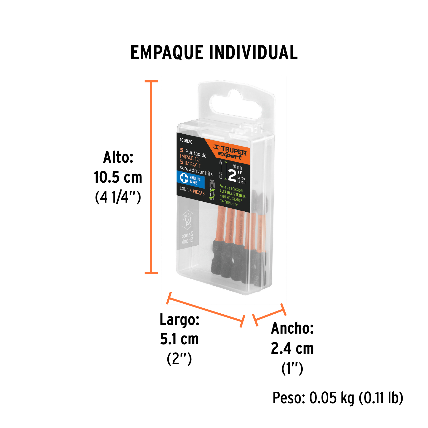 Estuche con 5 puntas de cruz PH2 de impacto largo 2", EXPERT TRUPER