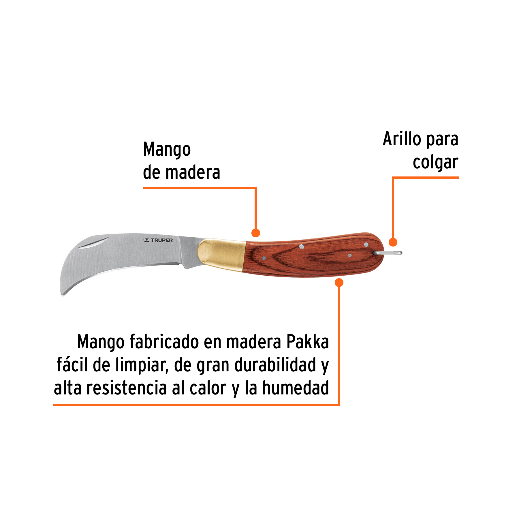 Cuchillo abatible 8" para electricista mango madera, TRUPER TRUPER