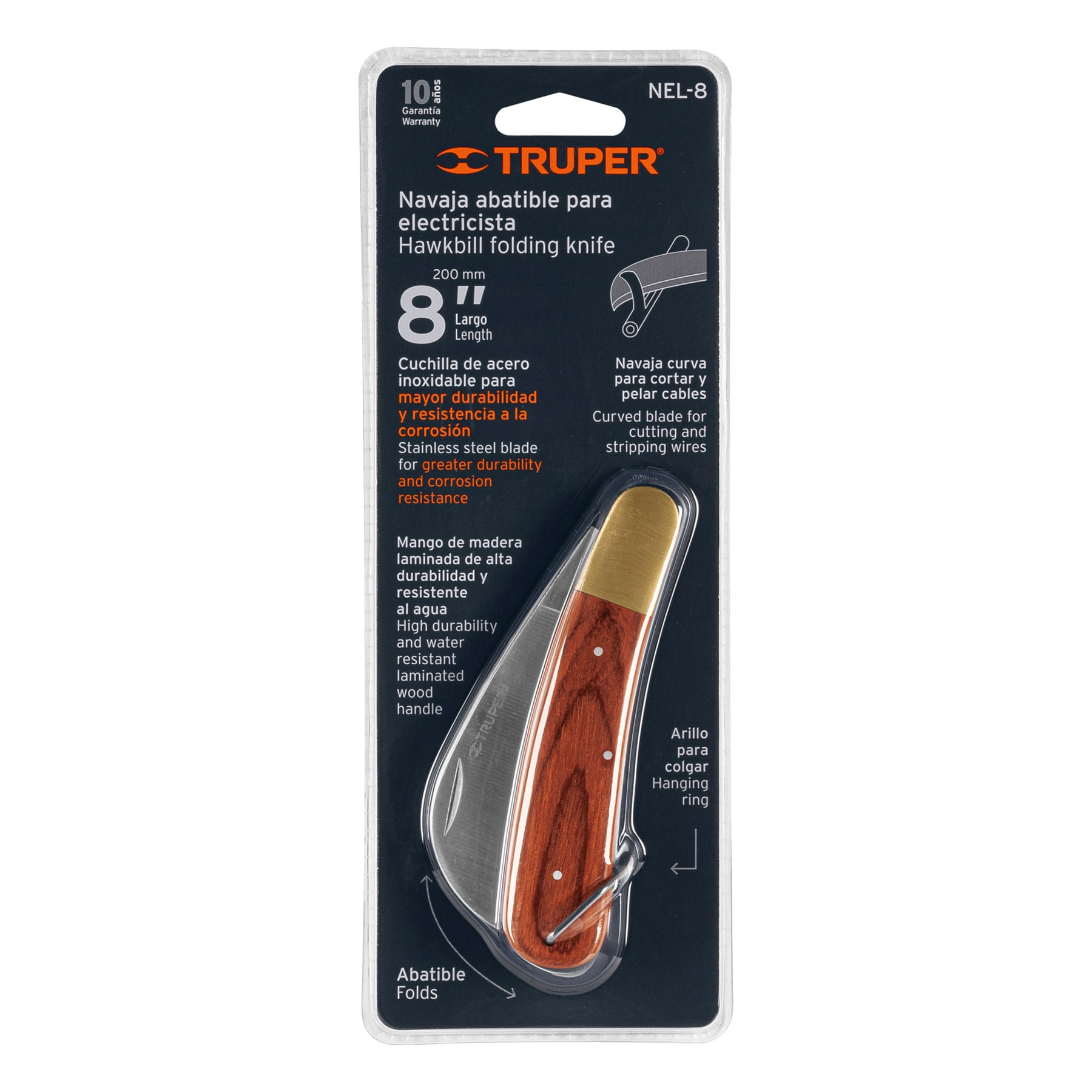 Cuchillo abatible 8" para electricista mango madera, TRUPER TRUPER