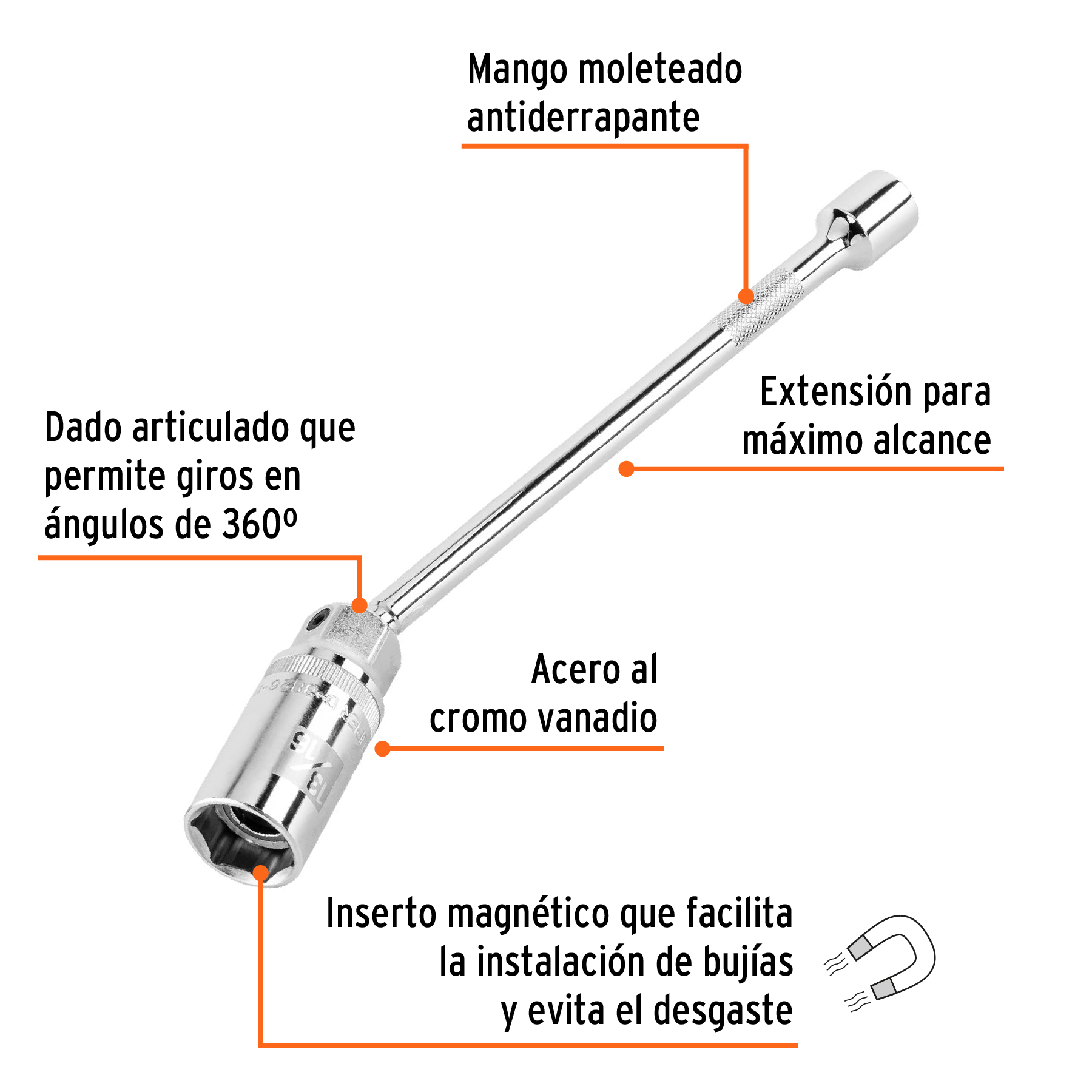 Dado p/bujías cuadro 3/8" articulado 13/16", extensión 10" TRUPER