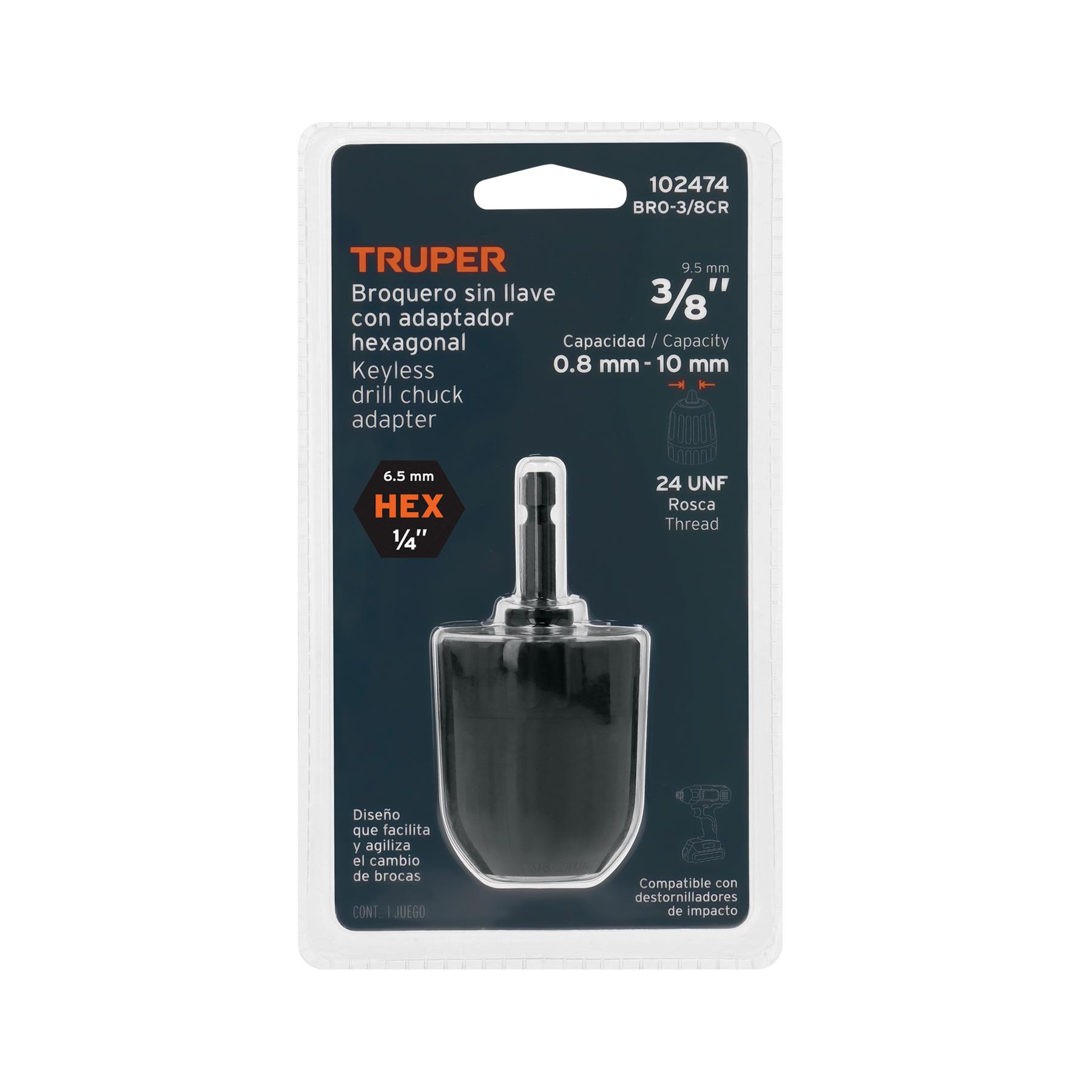 Broquero 3/8" sin llave y adaptador hexagonal 1/4", TRUPER TRUPER