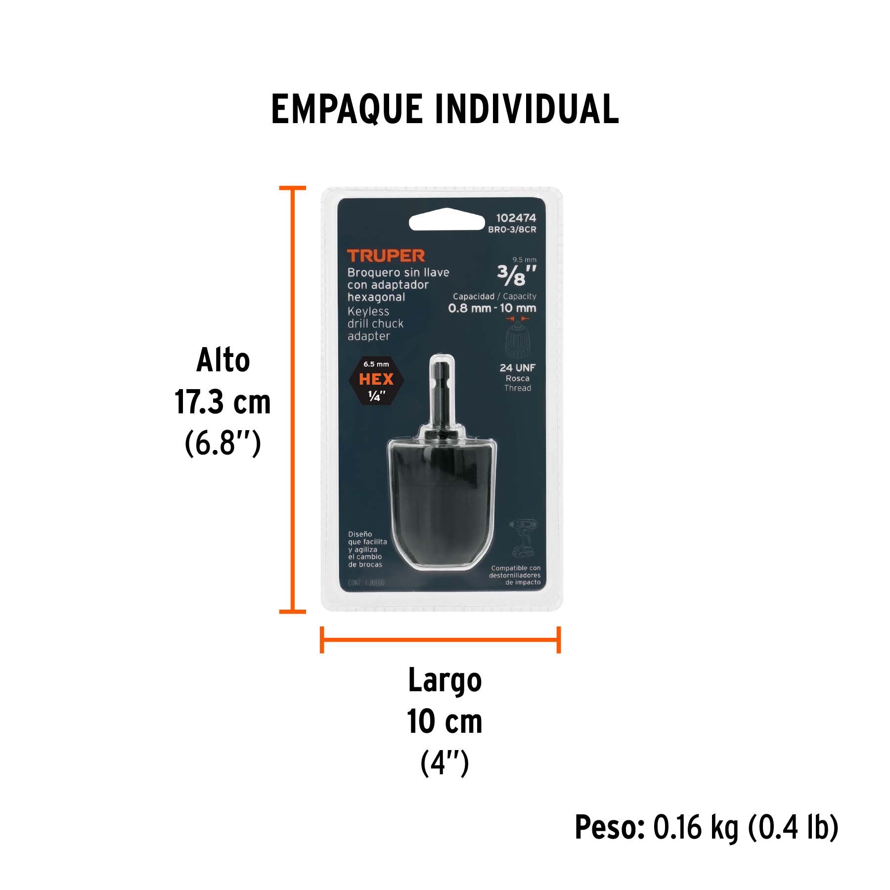 Broquero 3/8" sin llave y adaptador hexagonal 1/4", TRUPER TRUPER
