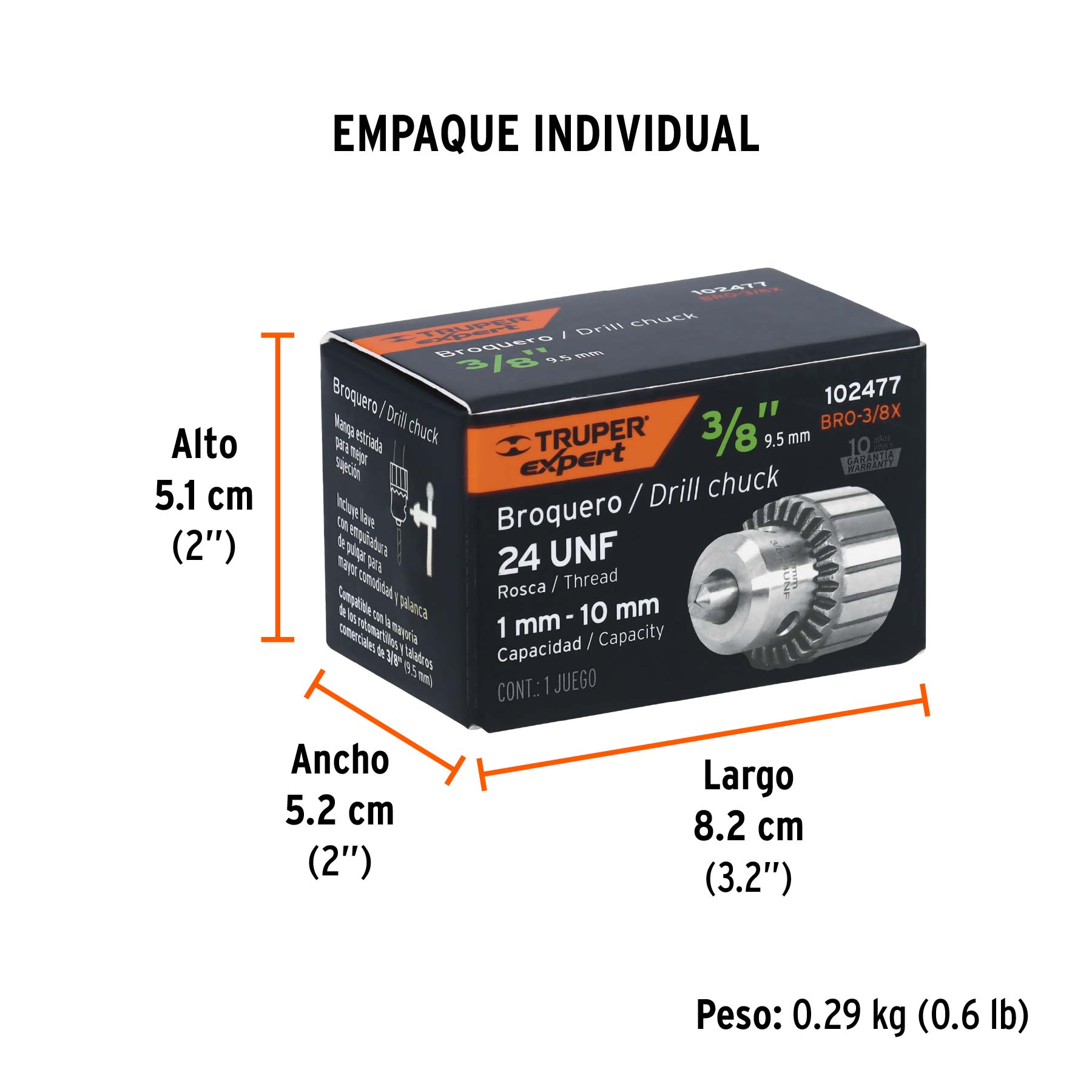 Broquero 3/8" con llave, cuerpo estriado, TRUPER EXPERT TRUPER