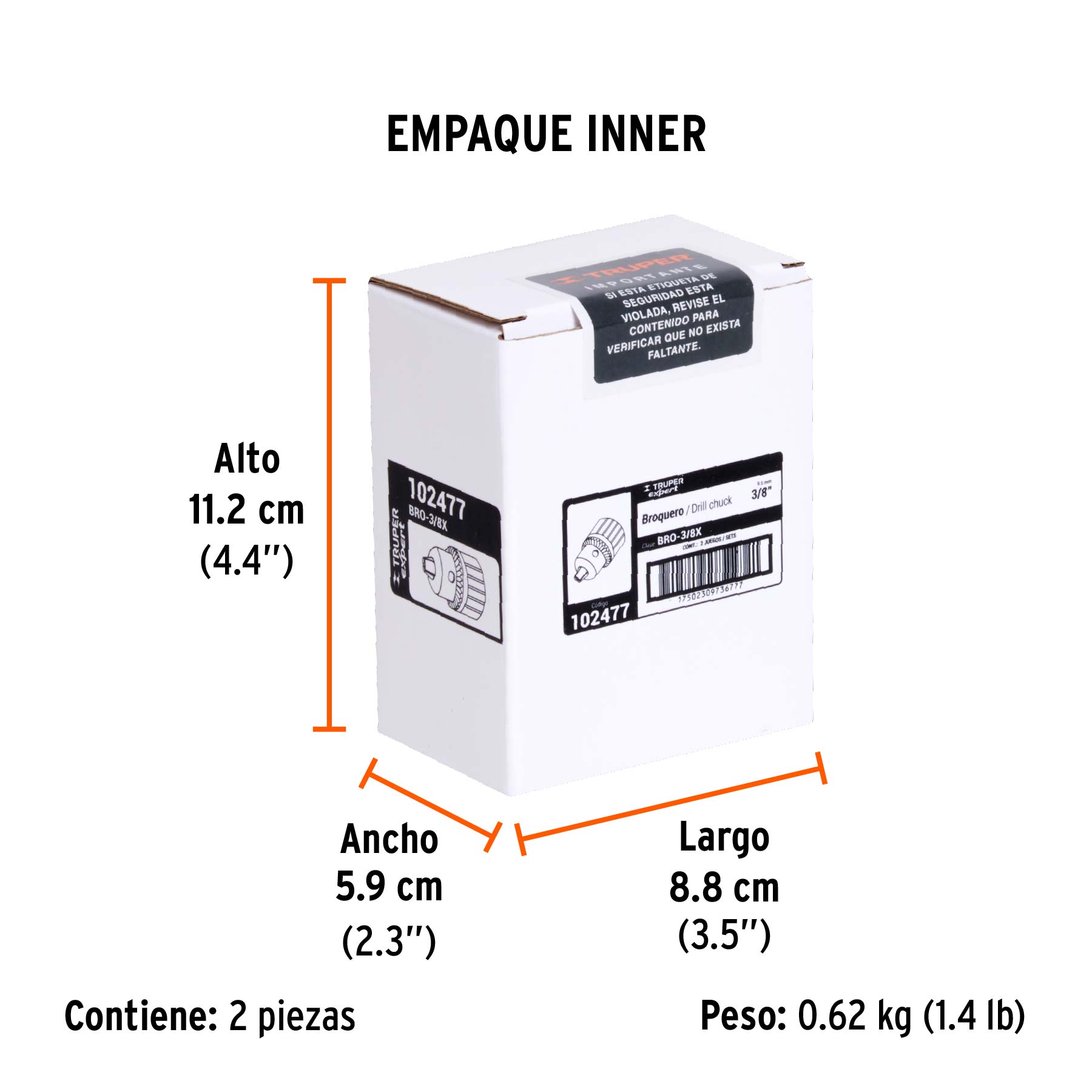 Broquero 3/8" con llave, cuerpo estriado, TRUPER EXPERT TRUPER