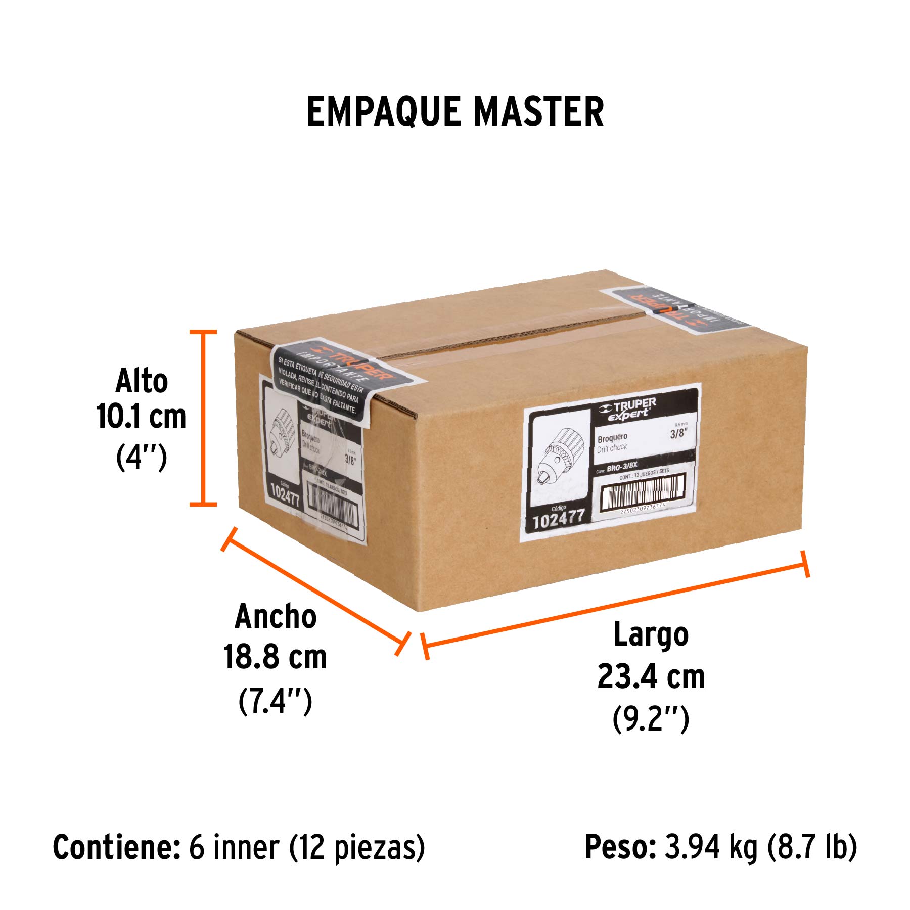 Broquero 3/8" con llave, cuerpo estriado, TRUPER EXPERT TRUPER