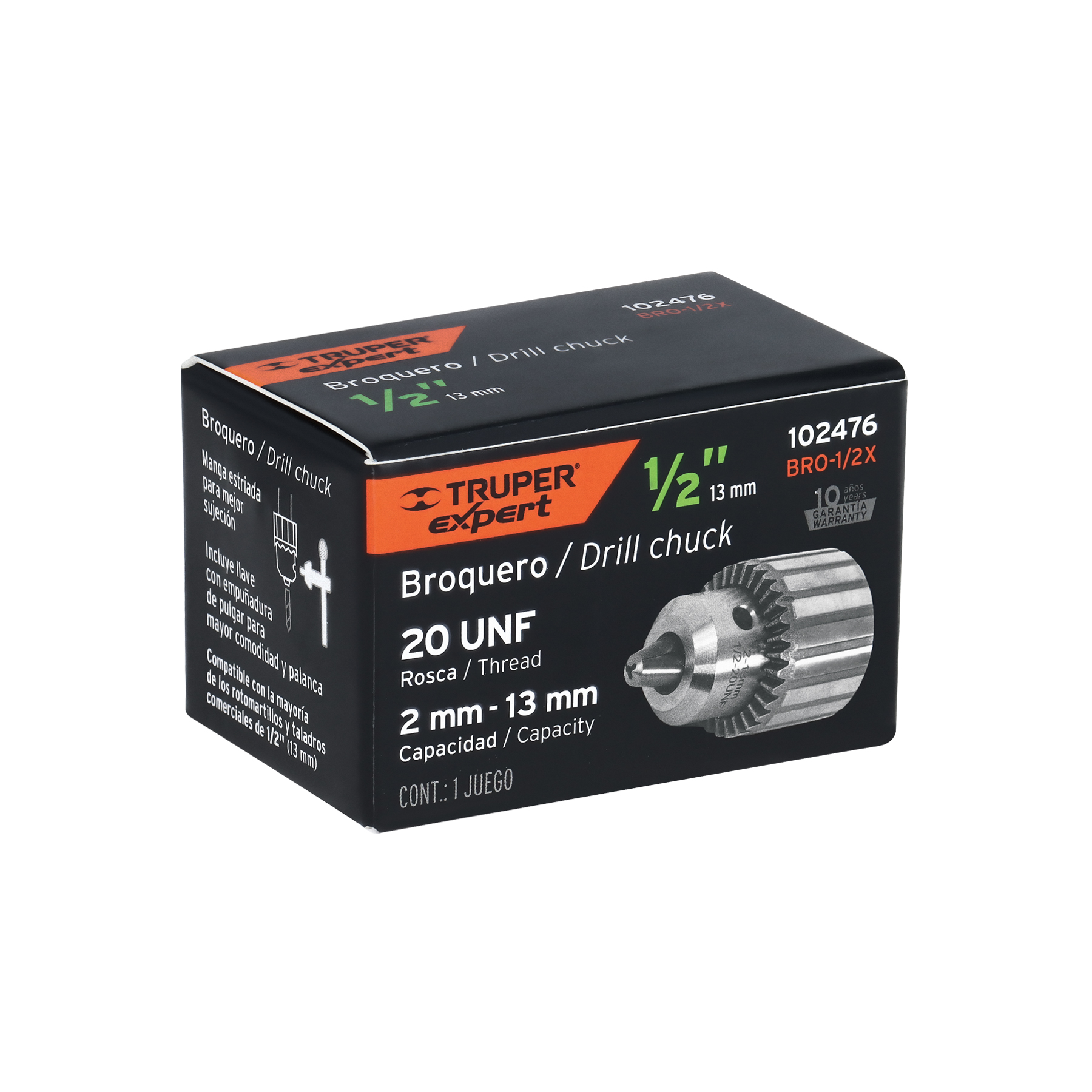 Broquero 1/2" con llave, cuerpo estriado, TRUPER EXPERT TRUPER