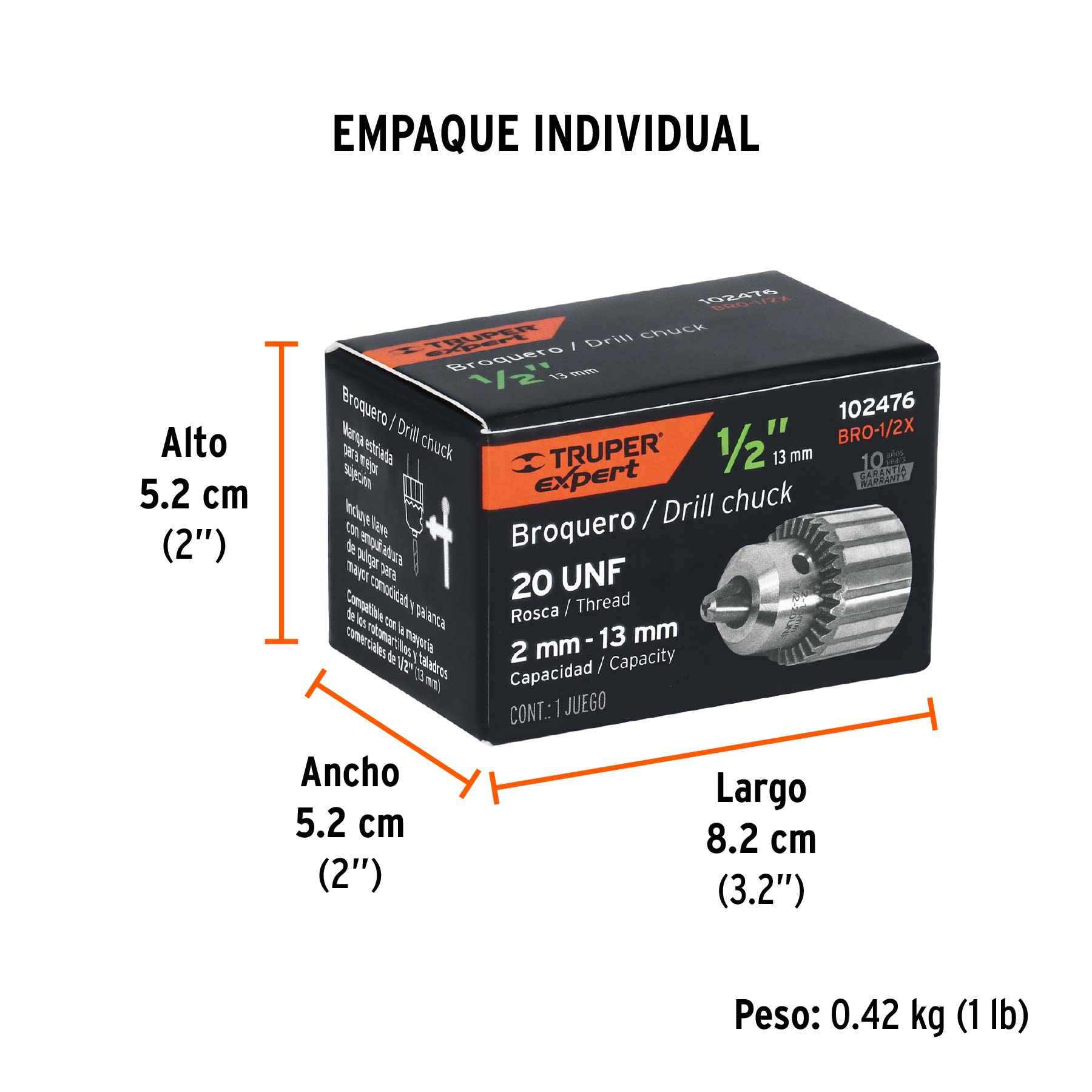 Broquero 1/2" con llave, cuerpo estriado, TRUPER EXPERT TRUPER