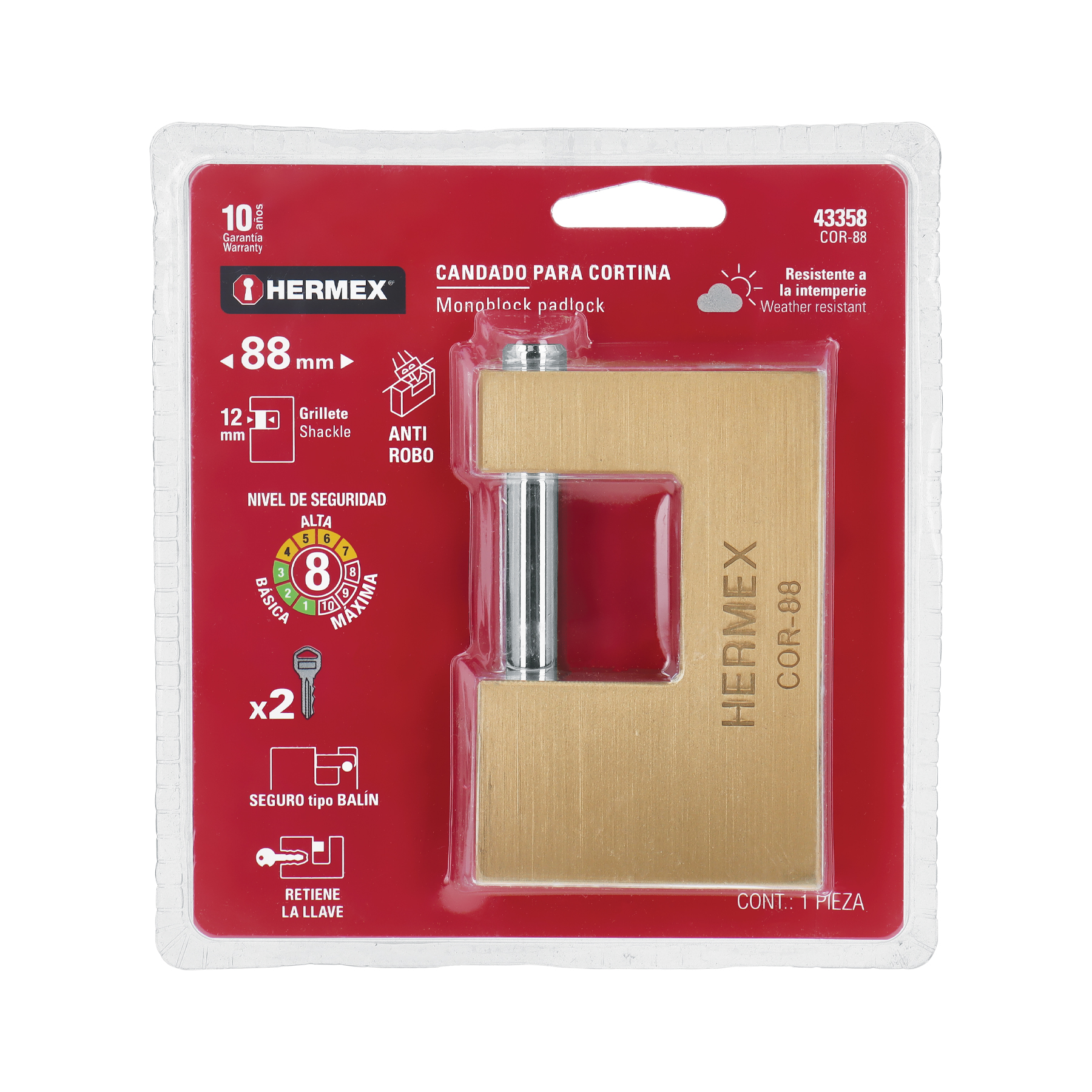 Candado antipalanca, 88mm, cuerpo de latón llave tradicional TRUPER