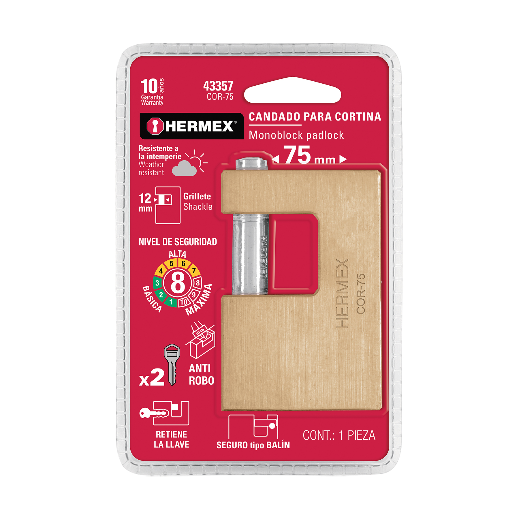 Candado antipalanca, 75mm, cuerpo de latón llave tradicional TRUPER
