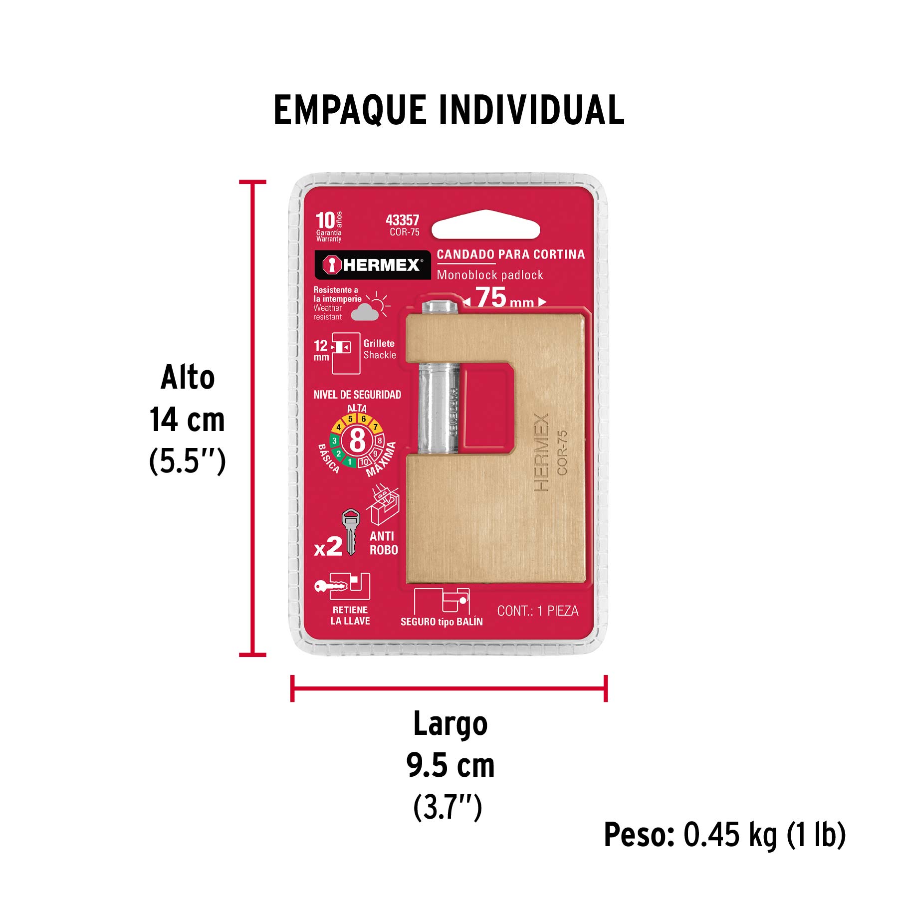 Candado antipalanca, 75mm, cuerpo de latón llave tradicional TRUPER