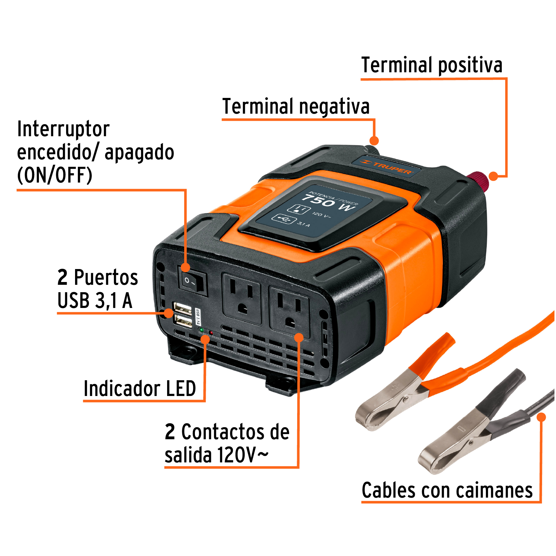 Inversor de corriente de 750 W con puertos USB, TRUPER TRUPER