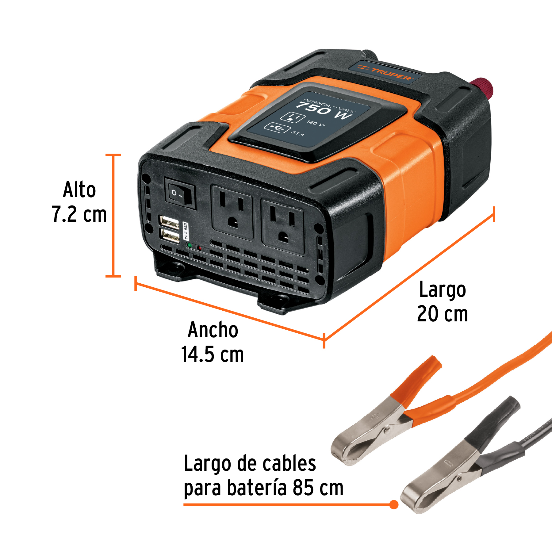 Inversor de corriente de 750 W con puertos USB, TRUPER TRUPER