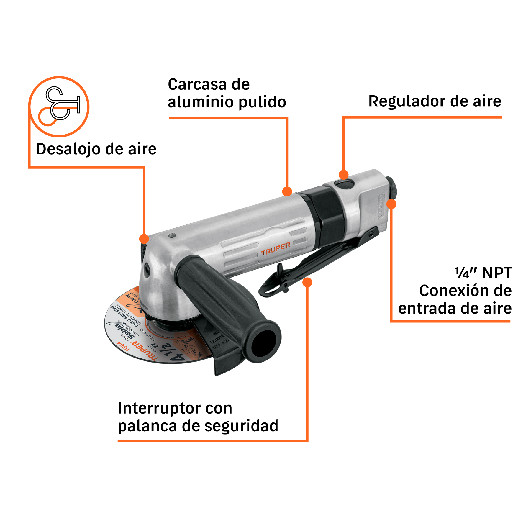 Esmeriladora angular neumática 4-1/2", TRUPER TRUPER