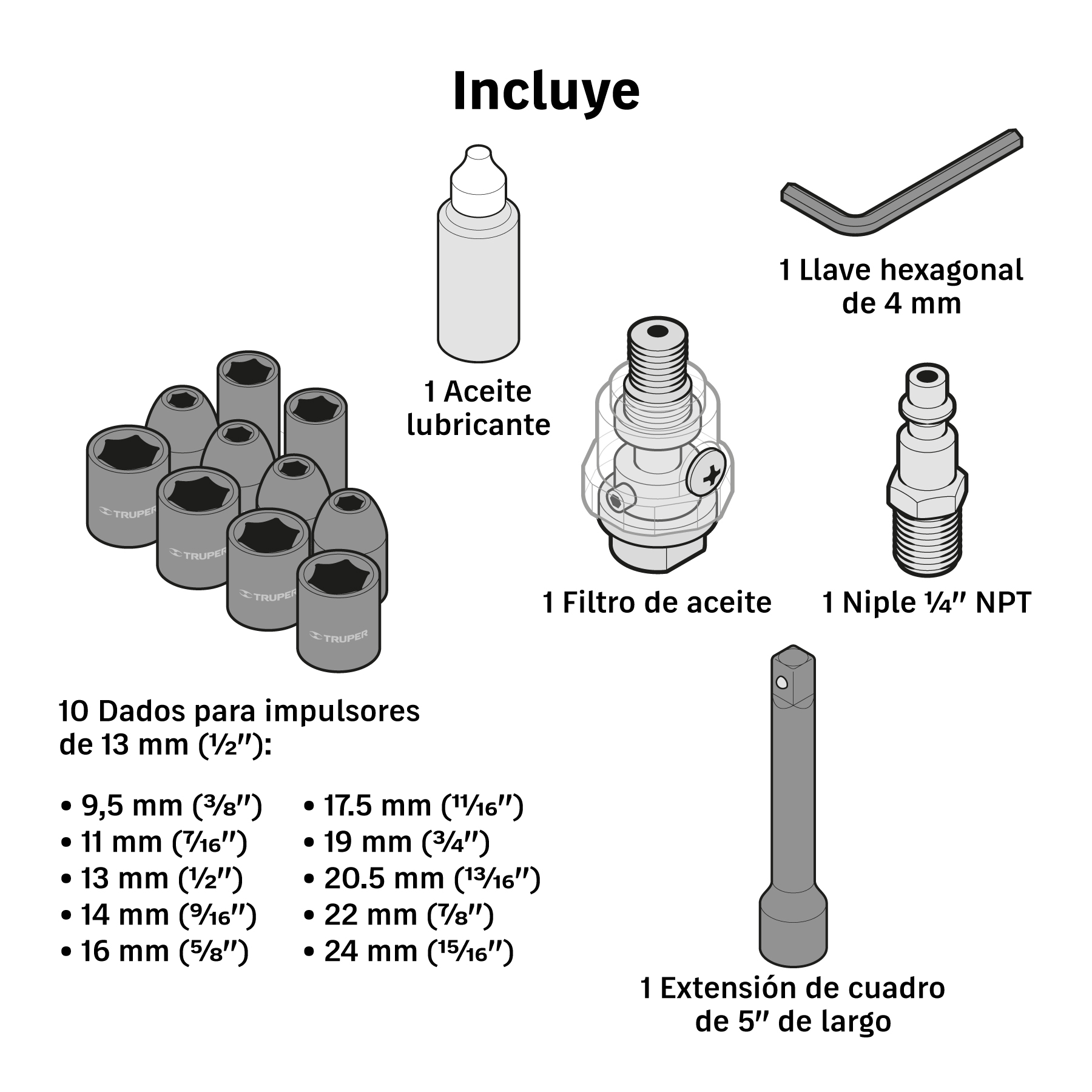 Kit de llave (pistola) de impacto 1/2" ind, estuche plástico TRUPER