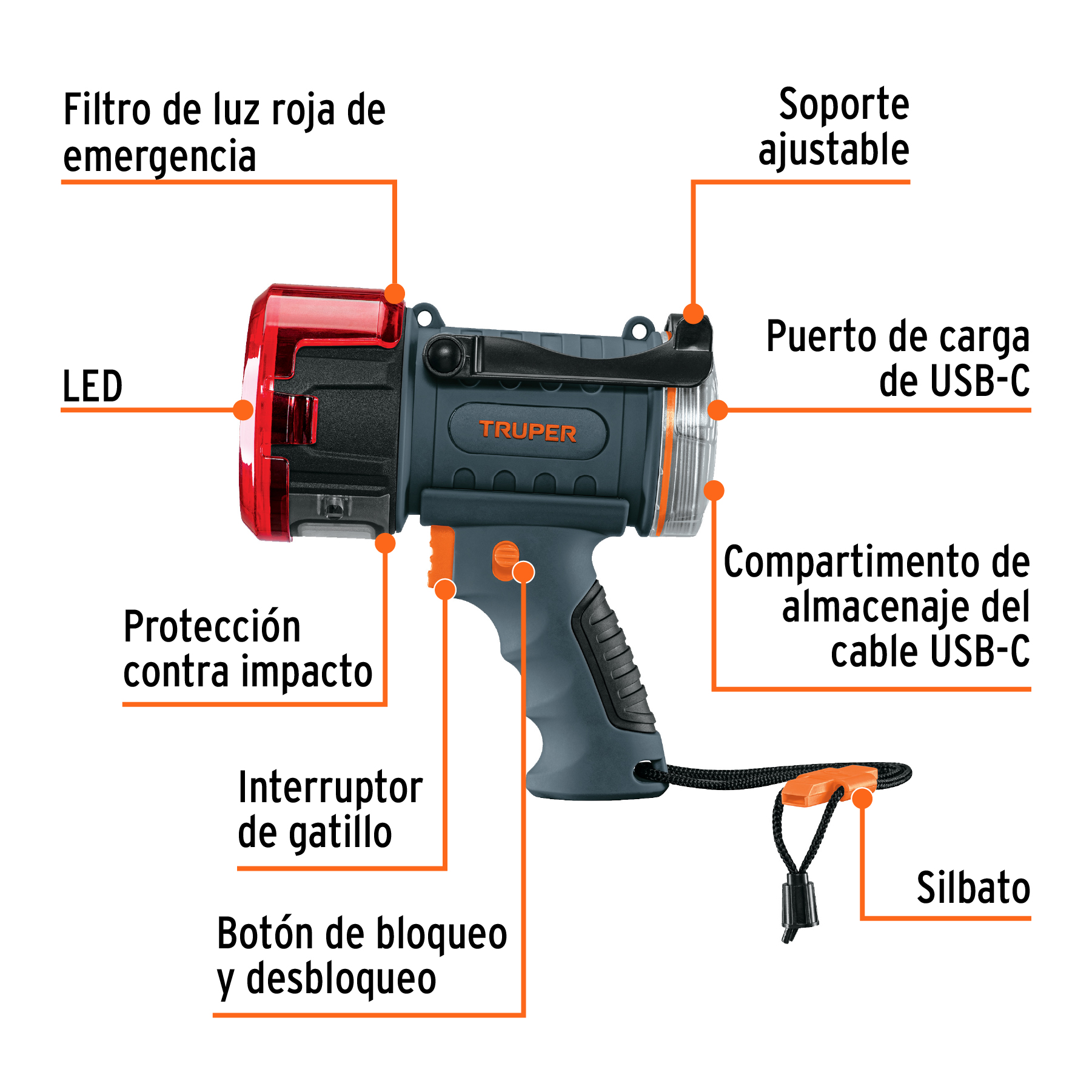 Linterna reflectora LED 900 lm, recargable, TRUPER TRUPER