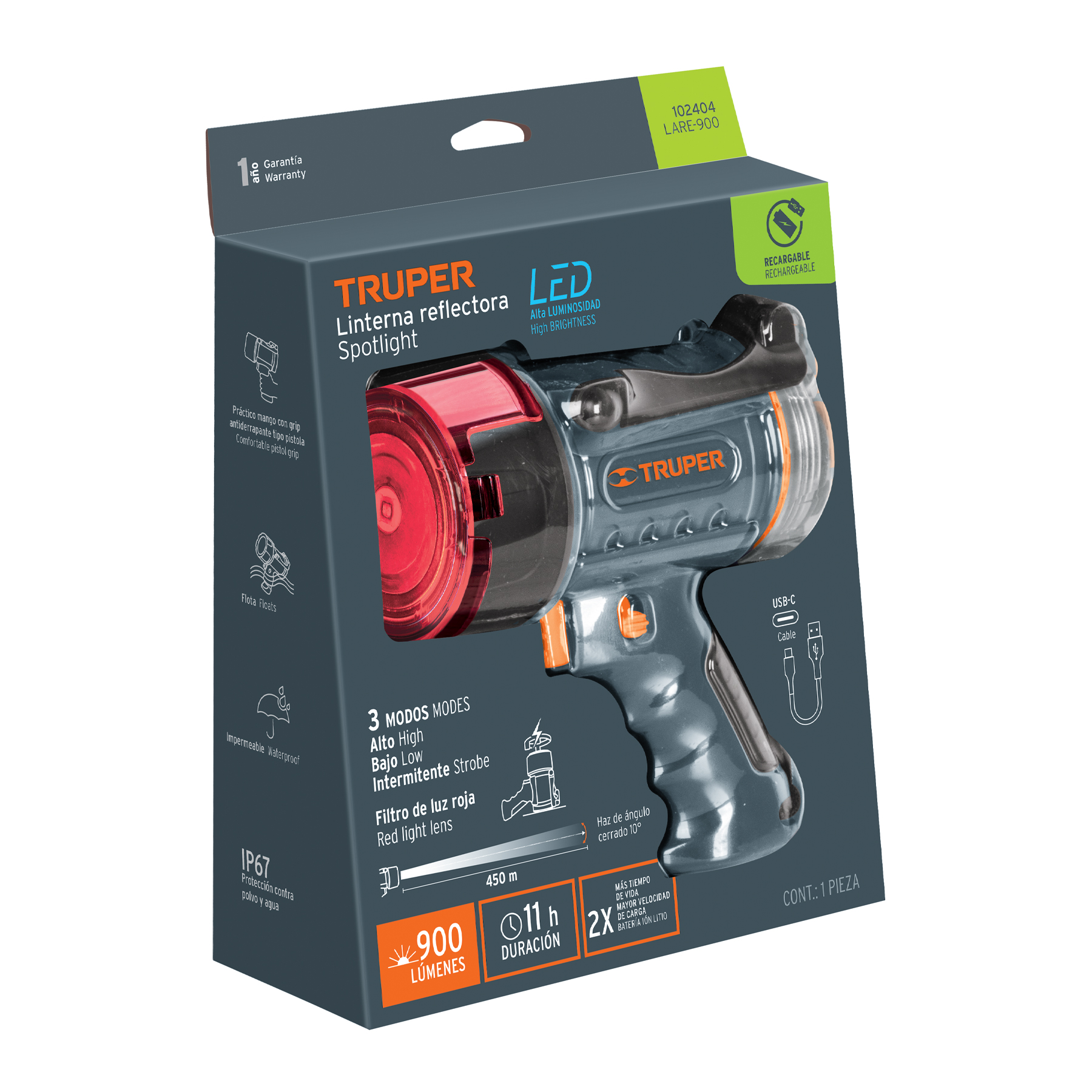 Linterna reflectora LED 900 lm, recargable, TRUPER TRUPER