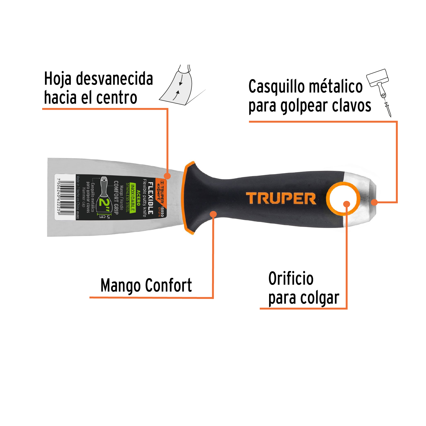 Espátula flexible 2" acero inoxidable, Comfort Grip, EXPERT TRUPER