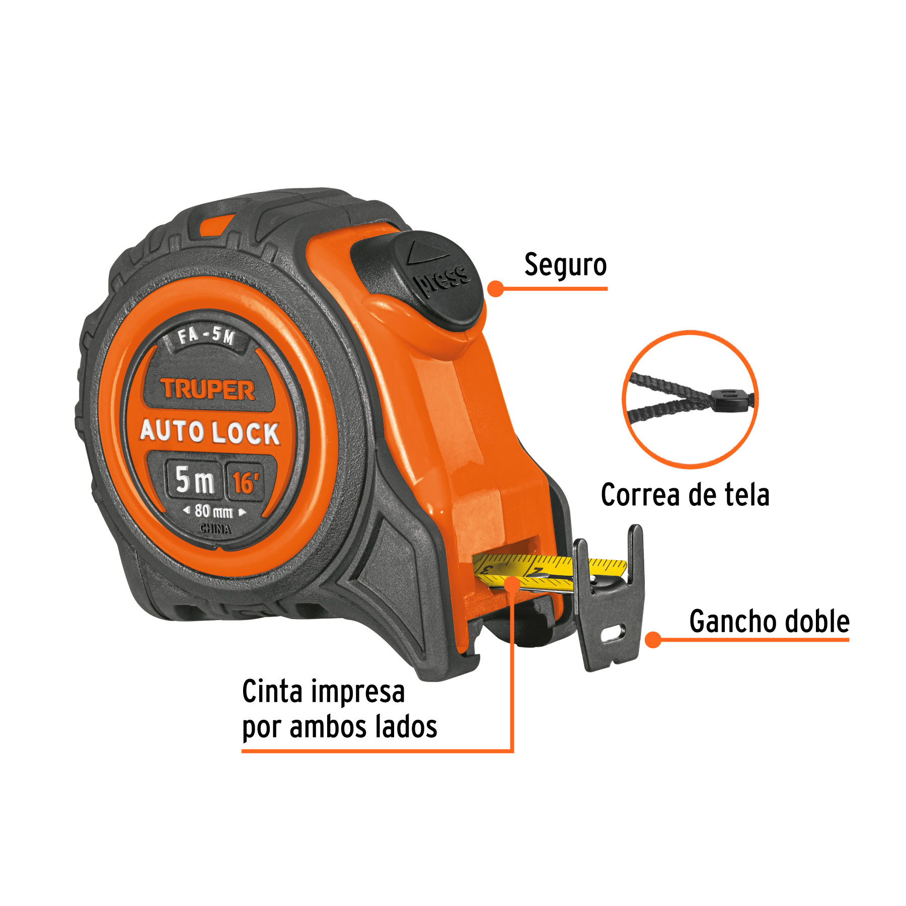 Flexómetro Auto-Lock contra impactos 5 m cinta 19 mm, TRUPER TRUPER