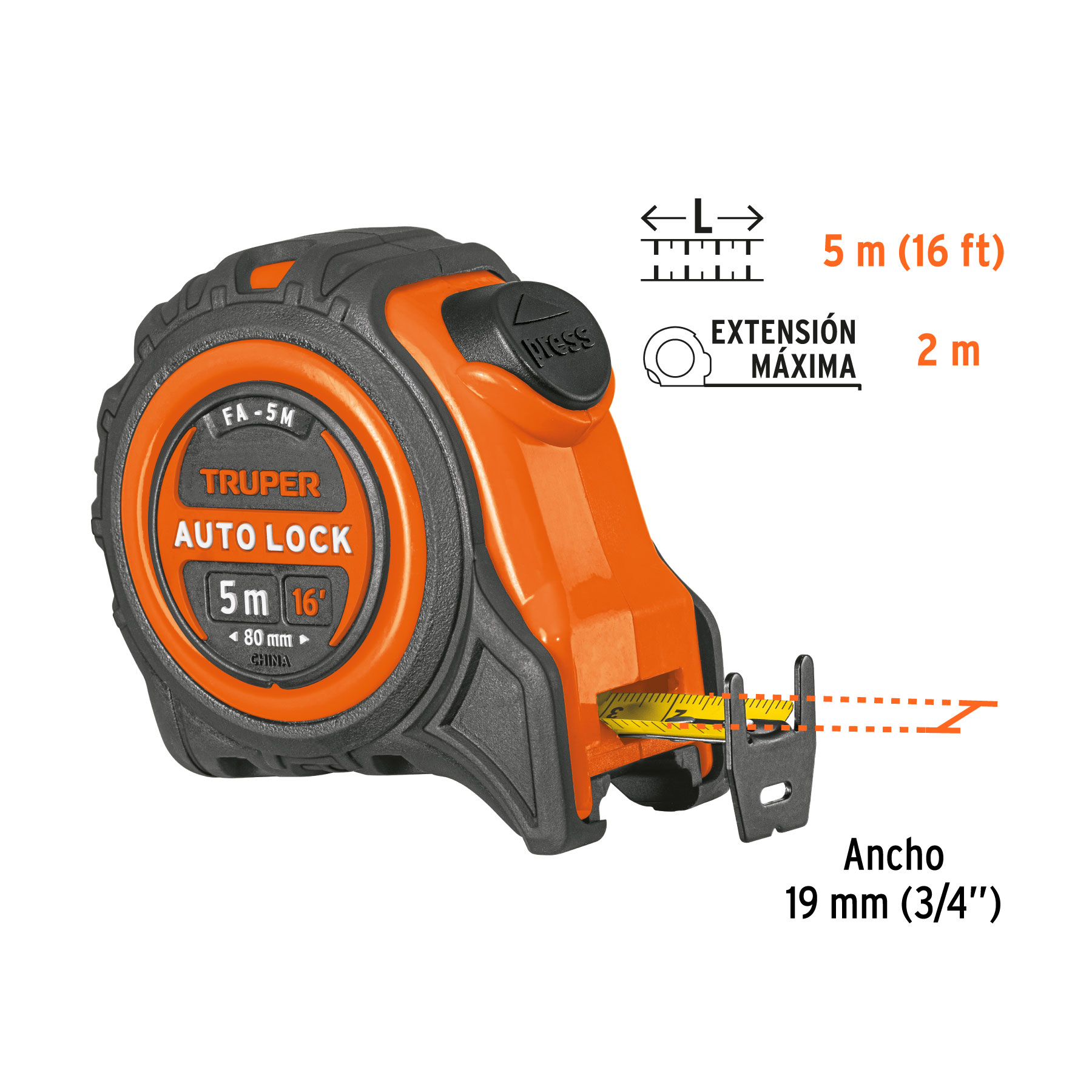 Flexómetro Auto-Lock contra impactos 5 m cinta 19 mm, TRUPER TRUPER