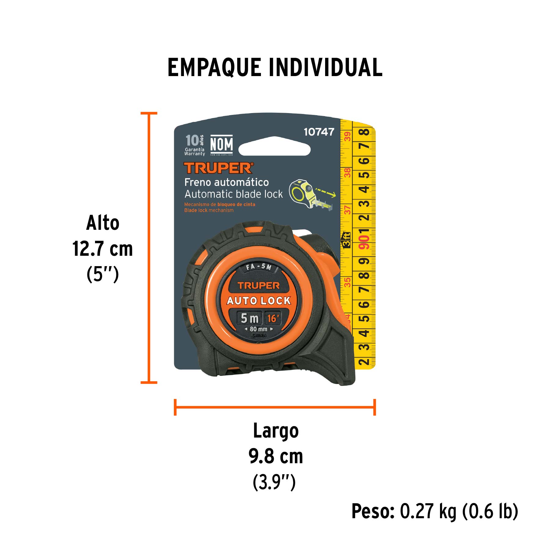 Flexómetro Auto-Lock contra impactos 5 m cinta 19 mm, TRUPER TRUPER
