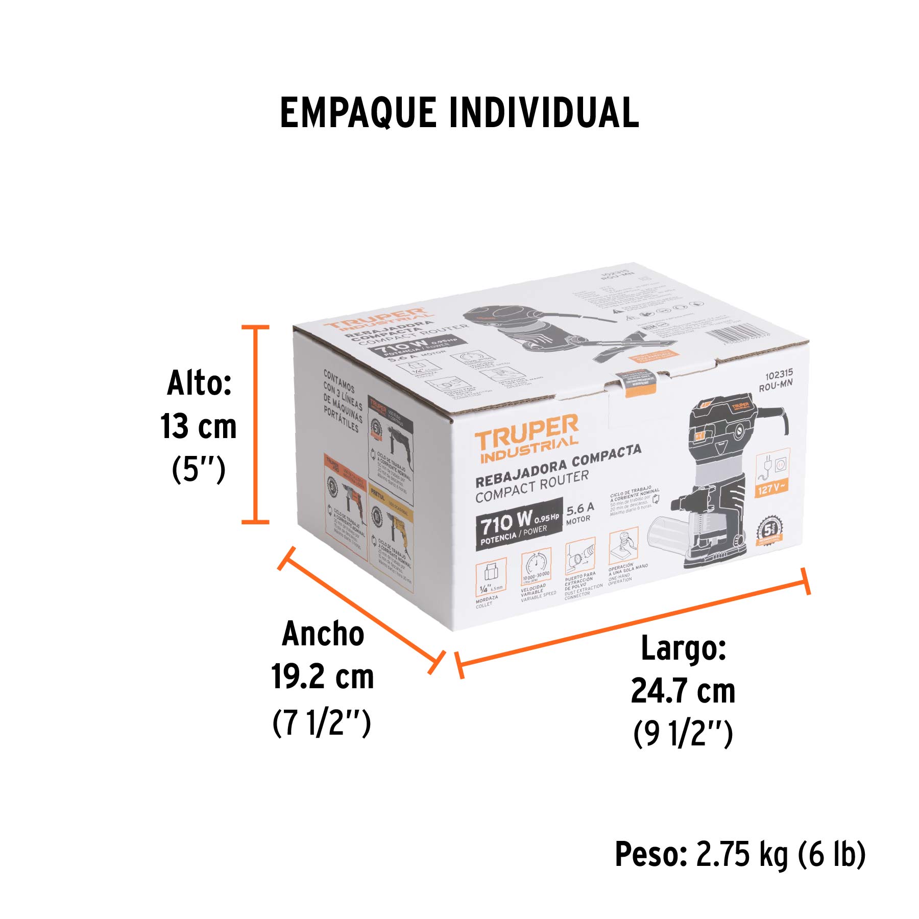 Router (rebajadora) compacto 710 W, 1 HP, TRUPER INDUSTRIAL TRUPER