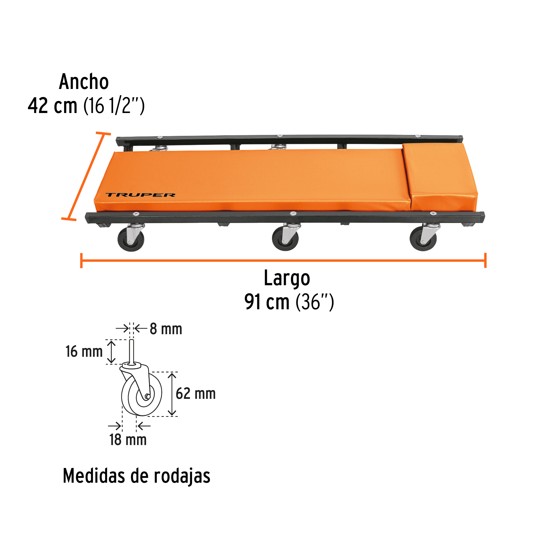 Cama de acero 36" para mecánico, TRUPER TRUPER